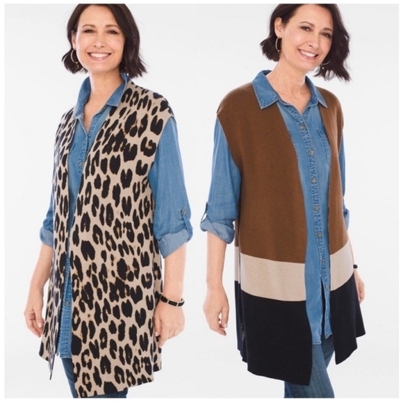 Chico's Reversible Sleeveless Open Front Long Vest Cardigan Leopard Size small - Picture 1 of 9